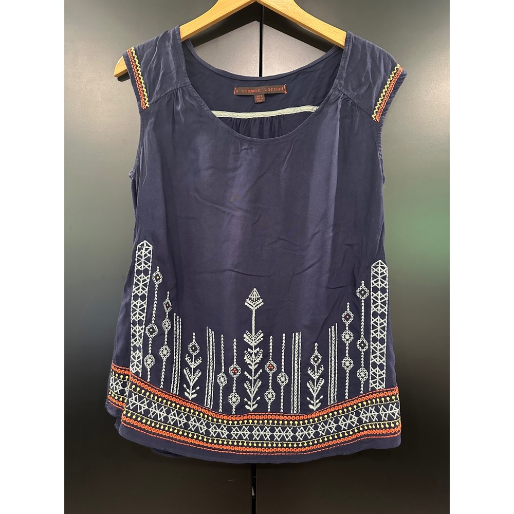 A Common Thread Navy Blue Embroidered Sleeveless Boho Blouse Top Small